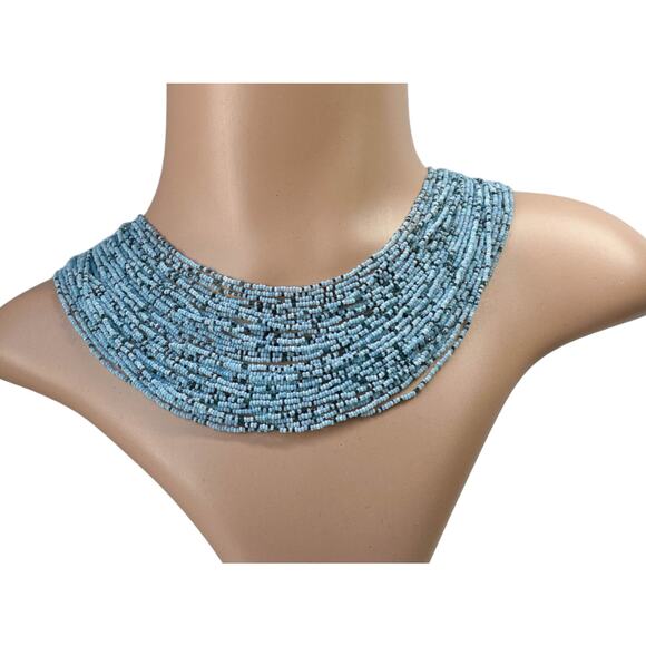 1980s Blue 36 Strand Seed Bead Demi Parure Torsade Choker & Clip On Earrings - Picture 2 of 10